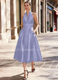A Line Halter Sleeveless Tea Length Satin Mother Of The Bride Dress