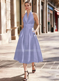 A Line Halter Sleeveless Tea Length Satin Mother Of The Bride Dress