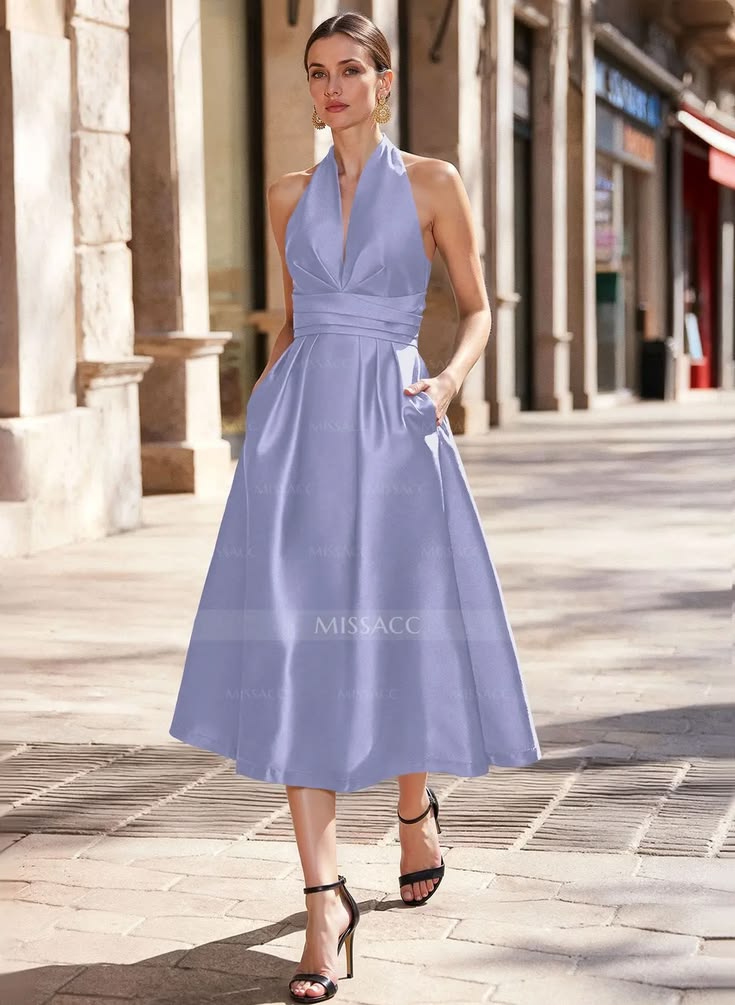 A Line Halter Sleeveless Tea Length Satin Mother Of The Bride Dress