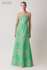 Sleeveless Metallic Multi Jacquard Gown