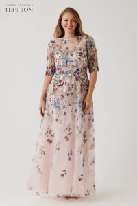 Floral Embroidered Tulle Elbow Gown