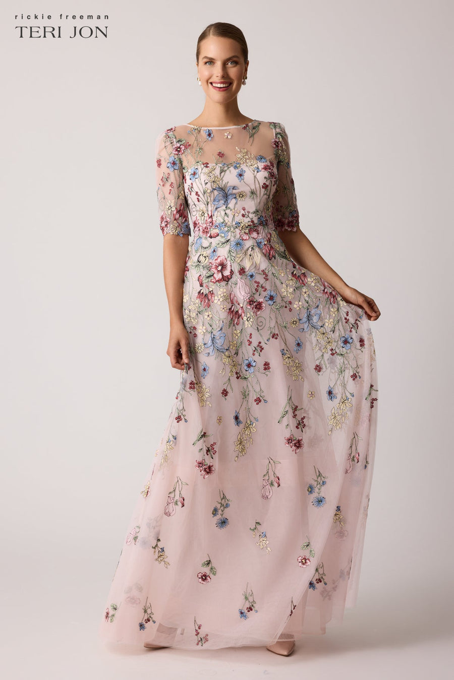 Floral Embroidered Tulle Elbow Gown