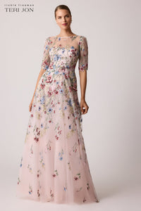 Floral Embroidered Tulle Elbow Gown