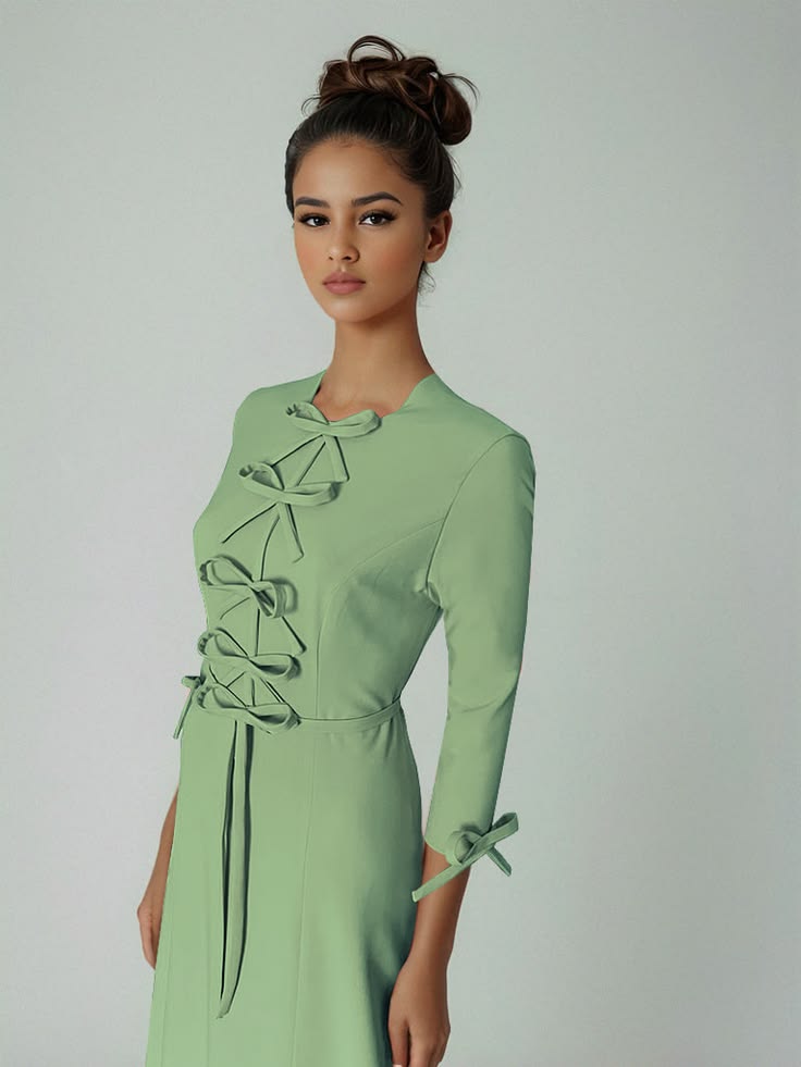 Peach CaeliNYC Acropolis Modest Gown With Bows All Colors