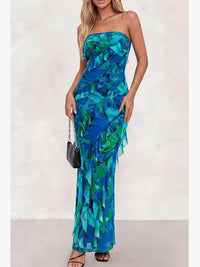 Strapless Blue & Green Ruffle Maxi Dress Color: Blue Green Size: