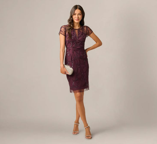 Short Sleeve Beaded Illusion Sheath Dress In Night Plum Night Plum