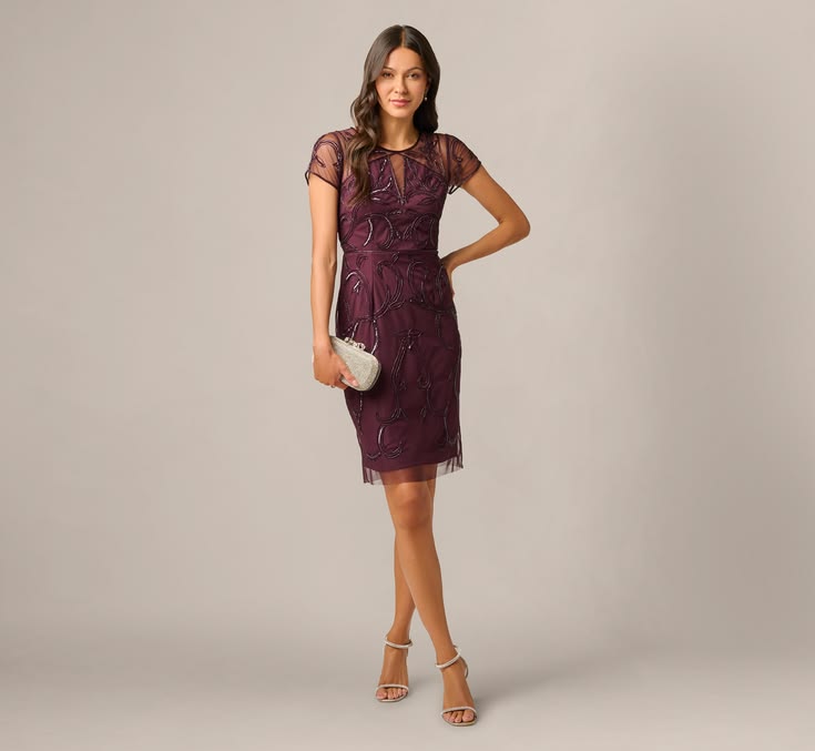 Short Sleeve Beaded Illusion Sheath Dress In Night Plum Night Plum
