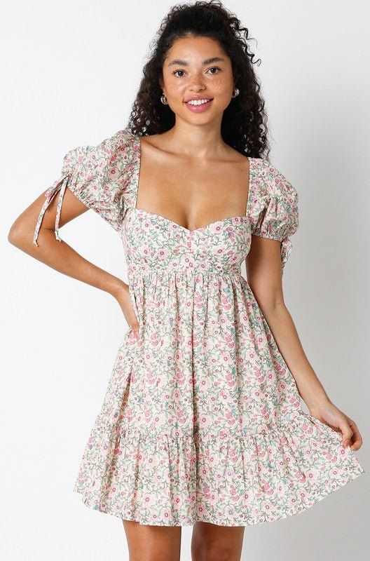 Pink & Green Floral Dress Puff Sleeve Dress Boho Pink