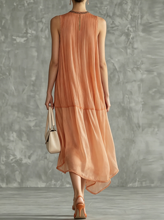 Elegant Plain Split Joint Crew Neck Midi Dress