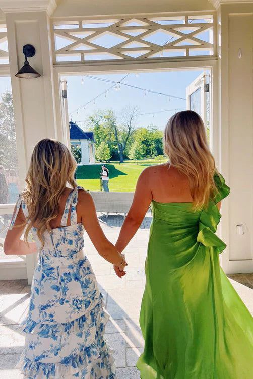 Blue Elegant A Line Layered Chiffon Floral Backless Long Ball Gown