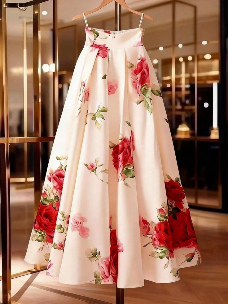 Multicolor Elegant Women's Rose Print Maxi Skirt Color: Tan Size: