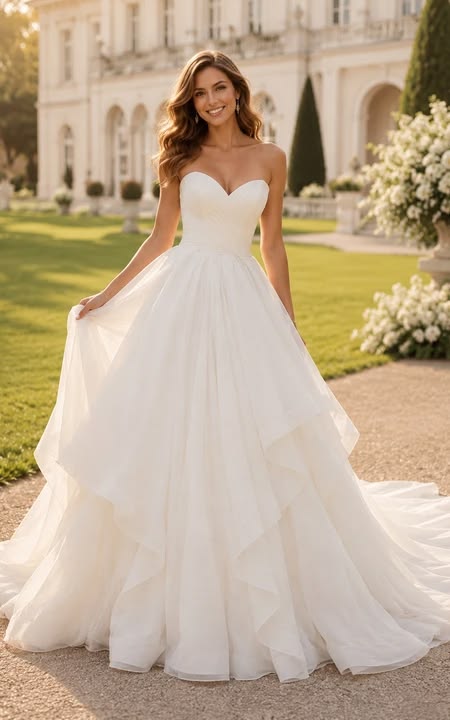 Strapless Tulle A Line Wedding Dress With Layered Skirt