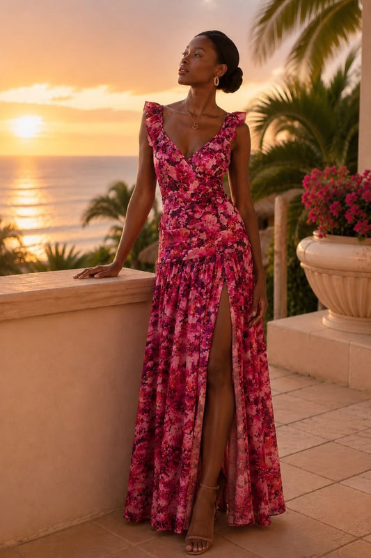Dress Jilliane Maxi Dress Ruched Thigh Slit Fuschia Frenzy Coquette