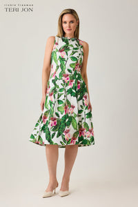 Cotton Floral Print Drop Waist Necklace Trim Dress