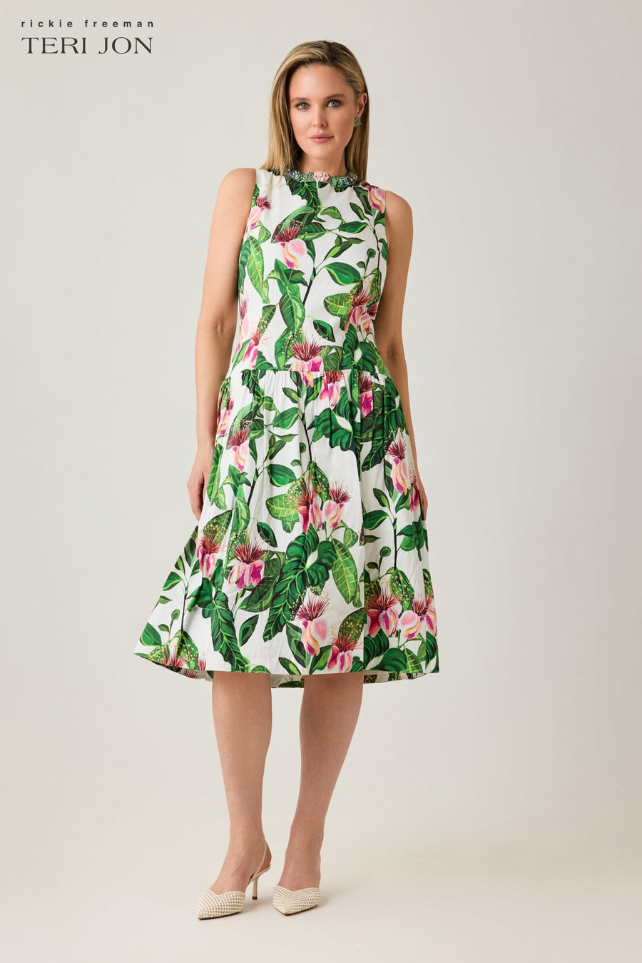 Cotton Floral Print Drop Waist Necklace Trim Dress