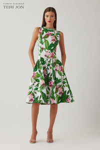 Cotton Floral Print Drop Waist Necklace Trim Dress
