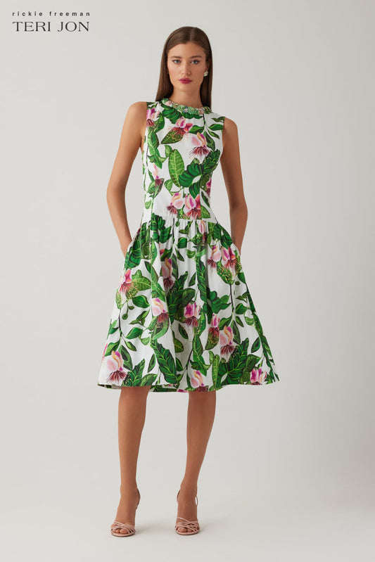 Cotton Floral Print Drop Waist Necklace Trim Dress