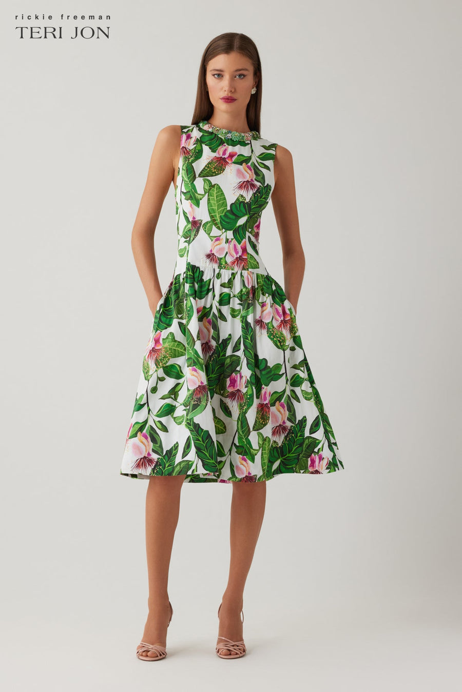 Cotton Floral Print Drop Waist Necklace Trim Dress