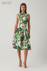 Cotton Floral Print Drop Waist Necklace Trim Dress
