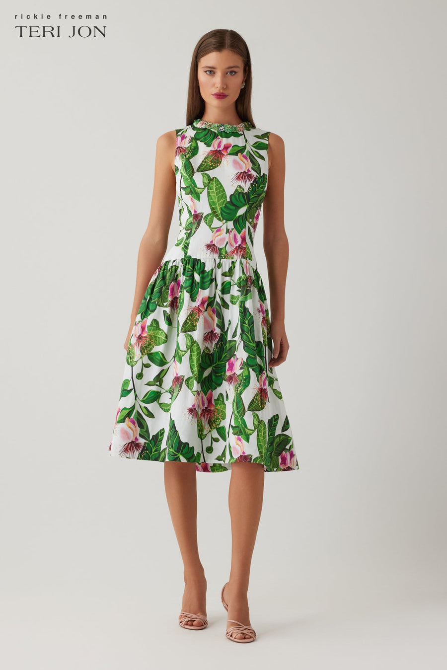 Cotton Floral Print Drop Waist Necklace Trim Dress