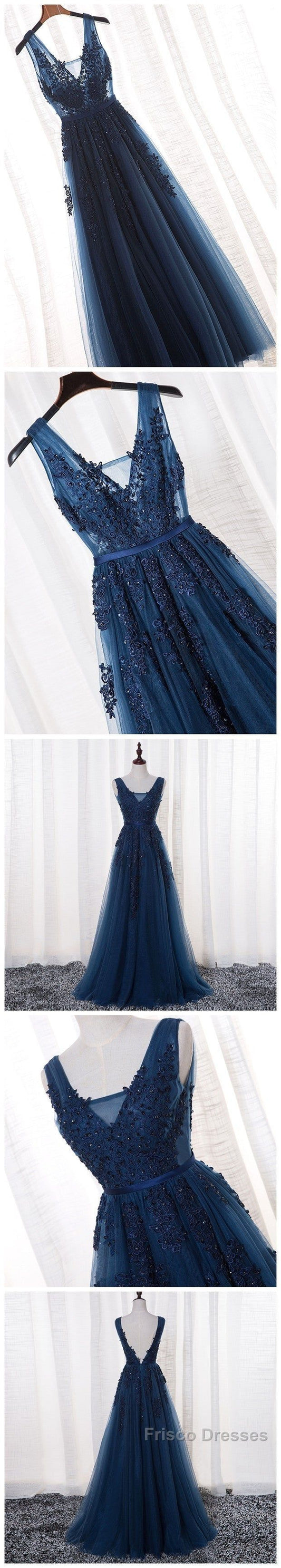 Glamorous Navy Blue Lace Tulle V Neck See Through Formal Prom Dress
