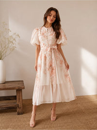 Sunfere Dress Romantic Blush Floral Puff Sleeve Midi Dress With Self