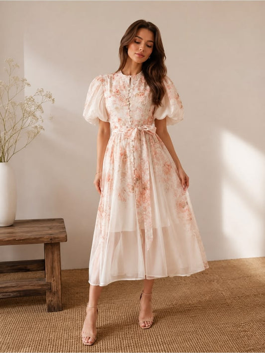 Sunfere Dress Romantic Blush Floral Puff Sleeve Midi Dress With Self