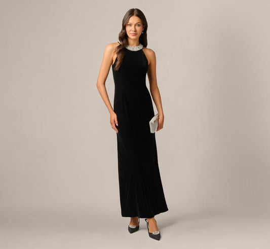 Pearly Collar Velvet Halter Gown In Black Regular
