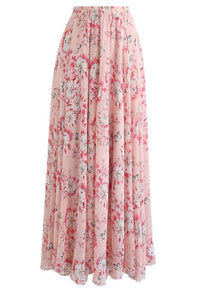 Butterfly And Floral Print Chiffon Maxi Skirt In Pink