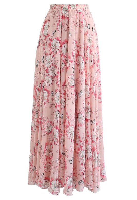 Butterfly And Floral Print Chiffon Maxi Skirt In Pink