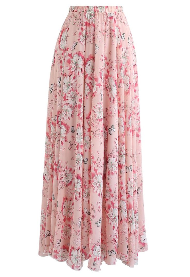 Butterfly And Floral Print Chiffon Maxi Skirt In Pink