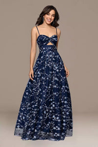 Glitter Floral Cutout Ball Gown With Lace Up Back