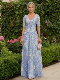 A Line Floor Length Mother Of The Bride Dress Short Sleeve Half Sleeve
