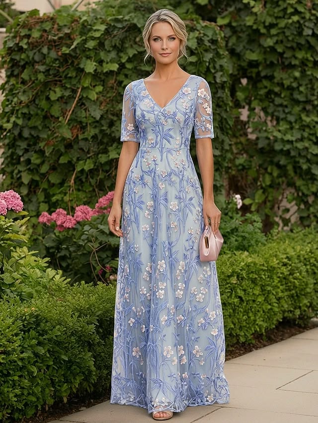 A Line Floor Length Mother Of The Bride Dress Short Sleeve Half Sleeve