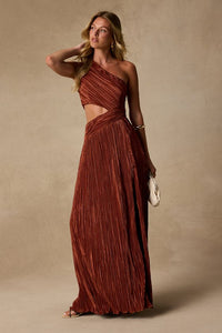 Rocca Rust Plisse Pleated Cutout One-Shoulder Maxi Dress
