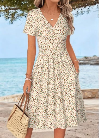 Rotita Multi Color Ditsy Floral Print Tummy Coverage Dress