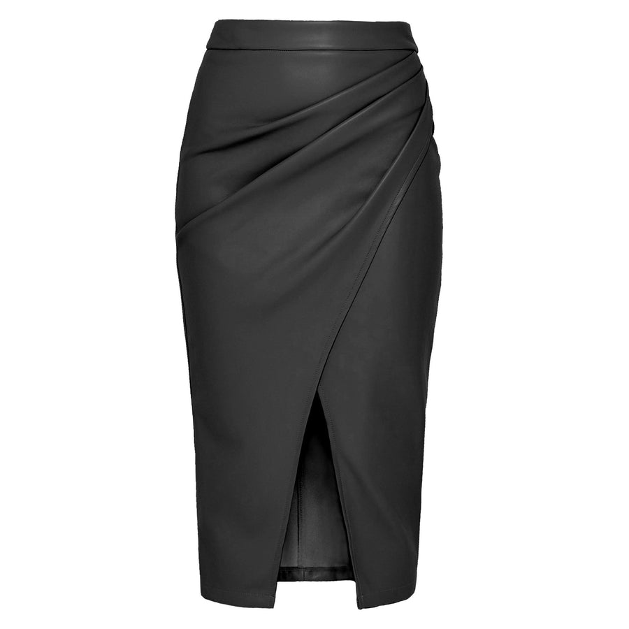Reese Faux Leather Midi Skirt with Side Pleat