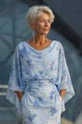 Floral Light Blue Chiffon Sheath Ruched Long Mother Of The Bride Dress