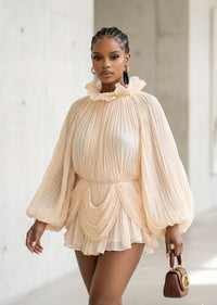 Women Satin Off Shoulder Mini Dress Puff Sleeve Pleated Party Dress