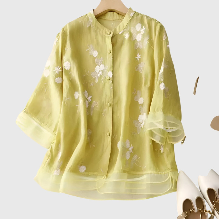 Nellie | Elegant Top With Embroidered Flowers Yellow