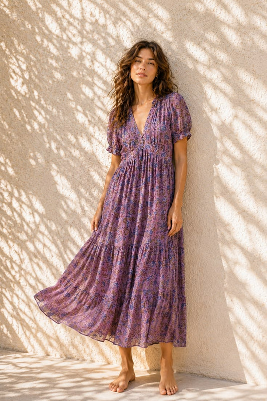 24121724 Soft Printed Tiered Maxi Dress Purple