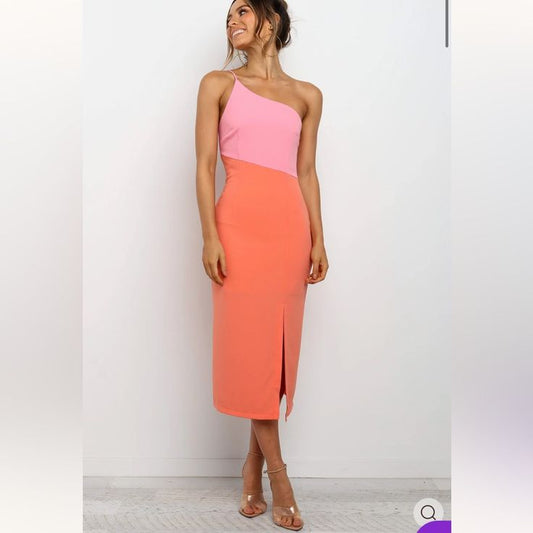 Petal & Pup Dress Nwt Orange And Pink Xiomar One Shoulder Midi Dress