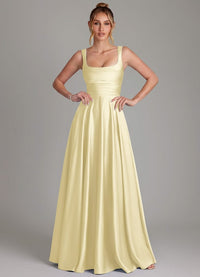 A Line Square Neck Floor Length Stretch Satin Bridesmaid Dress Lemon