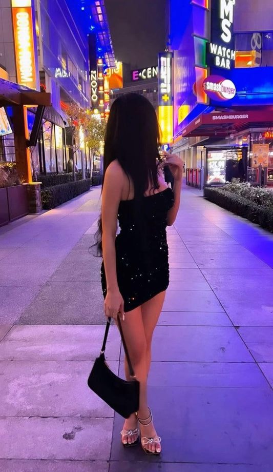 Sparkly Mermaid Strapless Black Satin Sequin Short Homecoming Dress