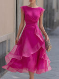 Layered Organza Cap Sleeve A Line Midi Dress Magenta M(8 10)
