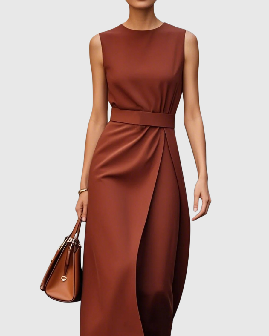 Clarimond | Elegant Round Neck Dress Dark Brown