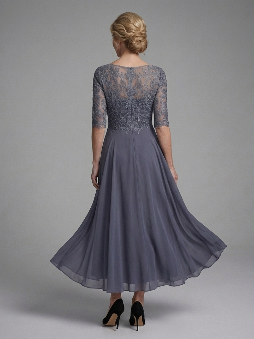 Birdie - Midi Dress with Lace Body and Sheer Sleeves