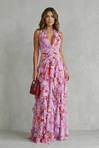 Bella - Romantic Rose Halter Maxi Dress