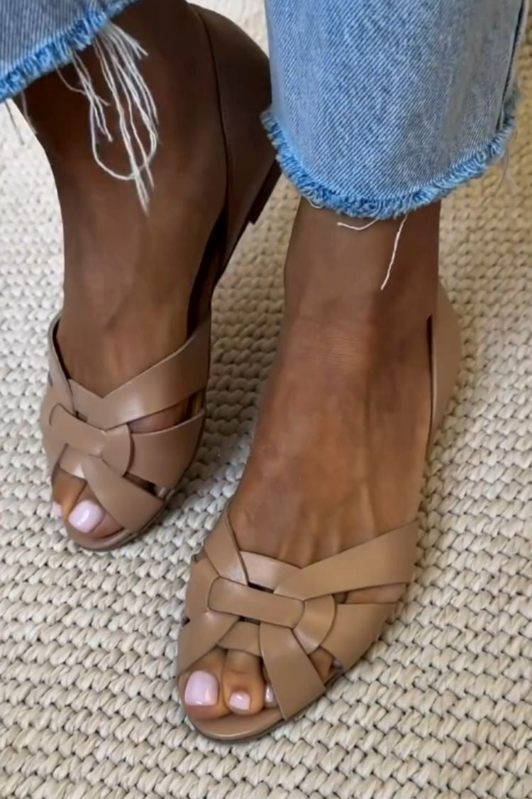 Antonella – Woven Faux Leather Peep-Toe Ballet Flats with Cross Straps