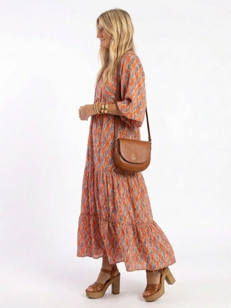 Tabitha – Geometric Print V-Neck Tiered Midi Dress